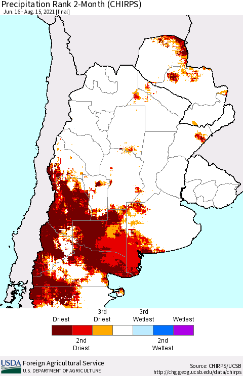 Southern South America Precipitation Rank 2-Month (CHIRPS) Thematic Map For 6/16/2021 - 8/15/2021