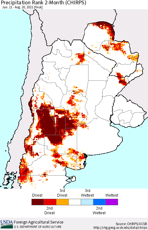 Southern South America Precipitation Rank 2-Month (CHIRPS) Thematic Map For 6/21/2021 - 8/20/2021