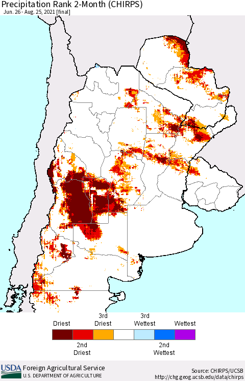 Southern South America Precipitation Rank since 1981, 2-Month (CHIRPS) Thematic Map For 6/26/2021 - 8/25/2021