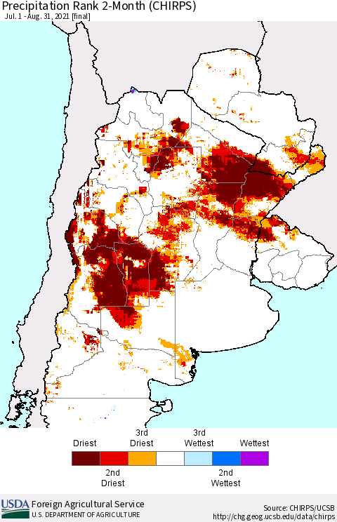 Southern South America Precipitation Rank since 1981, 2-Month (CHIRPS) Thematic Map For 7/1/2021 - 8/31/2021
