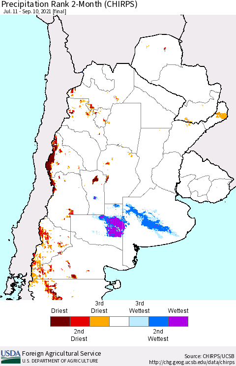 Southern South America Precipitation Rank 2-Month (CHIRPS) Thematic Map For 7/11/2021 - 9/10/2021