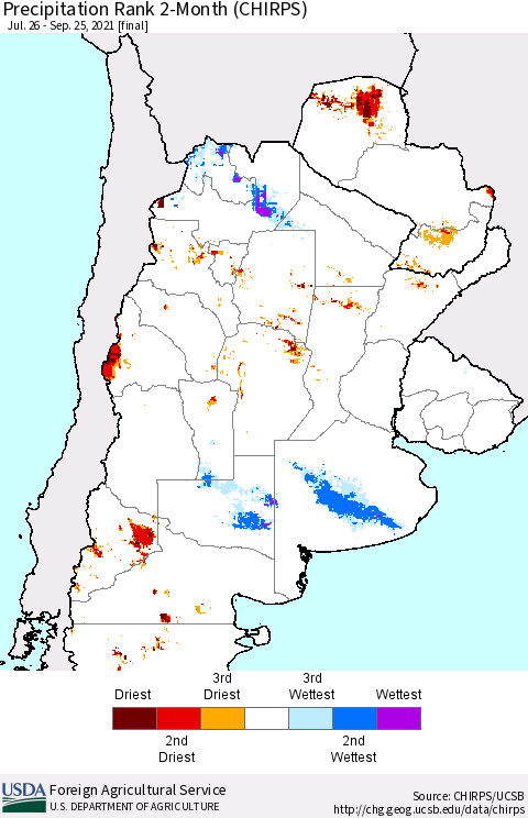 Southern South America Precipitation Rank 2-Month (CHIRPS) Thematic Map For 7/26/2021 - 9/25/2021