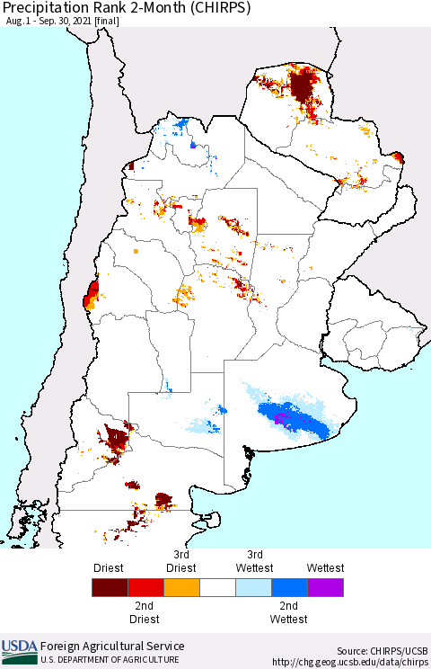 Southern South America Precipitation Rank 2-Month (CHIRPS) Thematic Map For 8/1/2021 - 9/30/2021