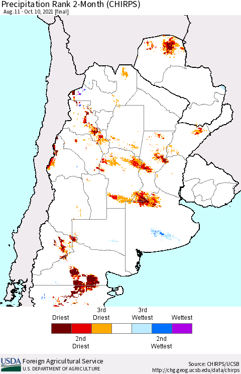 Southern South America Precipitation Rank since 1981, 2-Month (CHIRPS) Thematic Map For 8/11/2021 - 10/10/2021