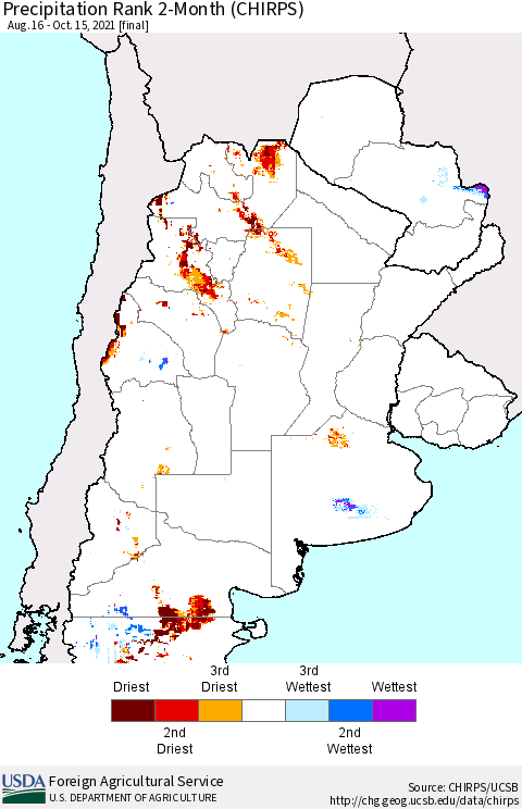 Southern South America Precipitation Rank 2-Month (CHIRPS) Thematic Map For 8/16/2021 - 10/15/2021