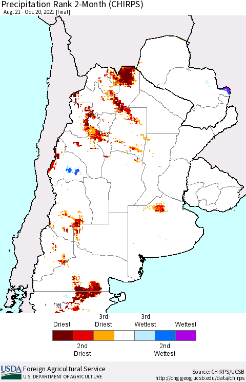 Southern South America Precipitation Rank 2-Month (CHIRPS) Thematic Map For 8/21/2021 - 10/20/2021