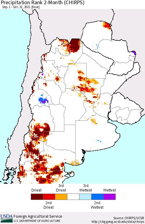 Southern South America Precipitation Rank 2-Month (CHIRPS) Thematic Map For 9/1/2021 - 10/31/2021