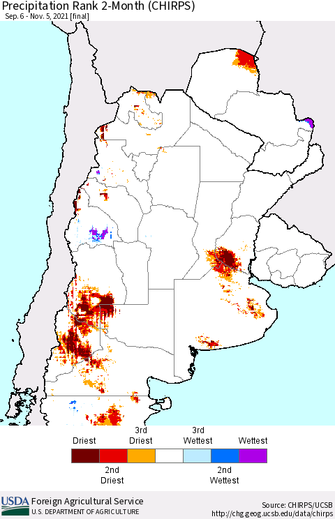 Southern South America Precipitation Rank 2-Month (CHIRPS) Thematic Map For 9/6/2021 - 11/5/2021