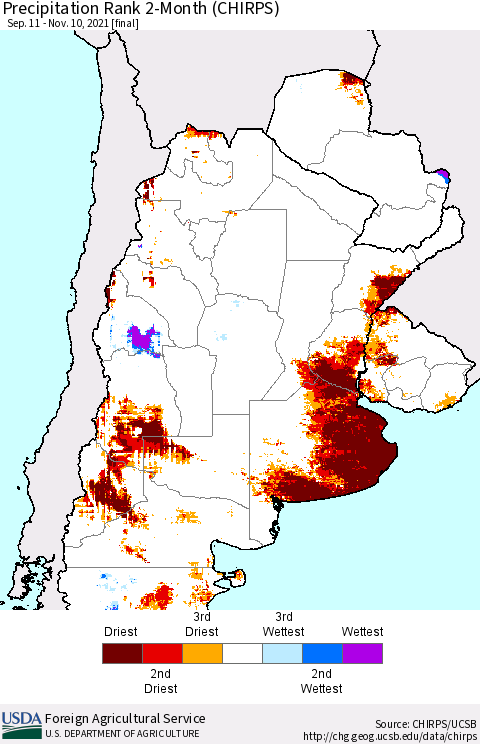 Southern South America Precipitation Rank 2-Month (CHIRPS) Thematic Map For 9/11/2021 - 11/10/2021