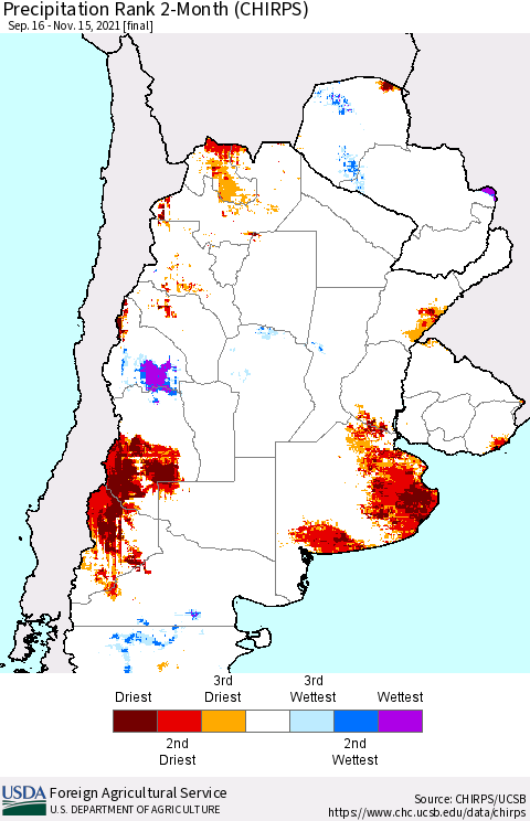 Southern South America Precipitation Rank 2-Month (CHIRPS) Thematic Map For 9/16/2021 - 11/15/2021