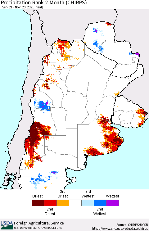 Southern South America Precipitation Rank 2-Month (CHIRPS) Thematic Map For 9/21/2021 - 11/20/2021