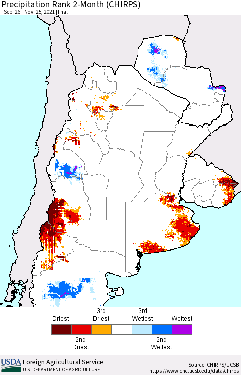 Southern South America Precipitation Rank 2-Month (CHIRPS) Thematic Map For 9/26/2021 - 11/25/2021