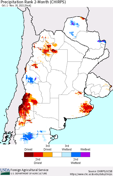Southern South America Precipitation Rank 2-Month (CHIRPS) Thematic Map For 10/1/2021 - 11/30/2021