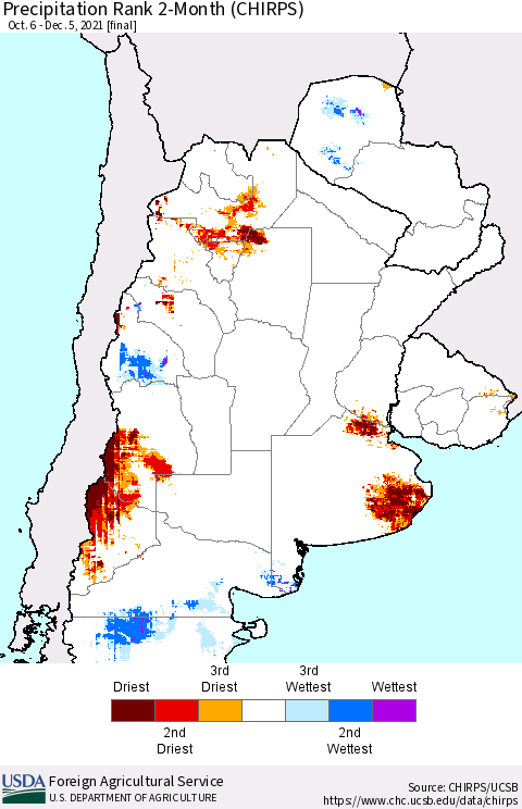 Southern South America Precipitation Rank 2-Month (CHIRPS) Thematic Map For 10/6/2021 - 12/5/2021