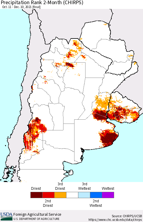 Southern South America Precipitation Rank 2-Month (CHIRPS) Thematic Map For 10/11/2021 - 12/10/2021