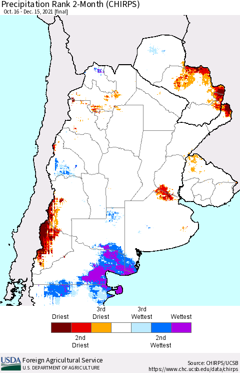 Southern South America Precipitation Rank 2-Month (CHIRPS) Thematic Map For 10/16/2021 - 12/15/2021