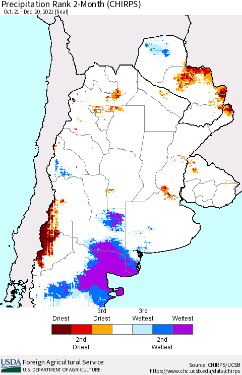 Southern South America Precipitation Rank 2-Month (CHIRPS) Thematic Map For 10/21/2021 - 12/20/2021