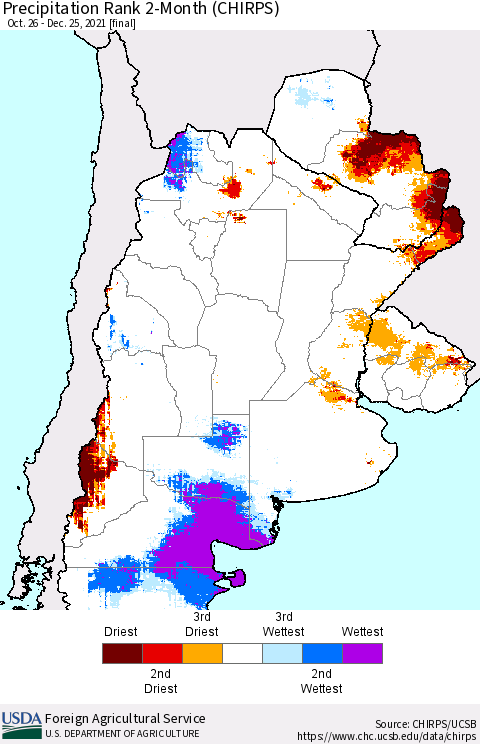 Southern South America Precipitation Rank 2-Month (CHIRPS) Thematic Map For 10/26/2021 - 12/25/2021