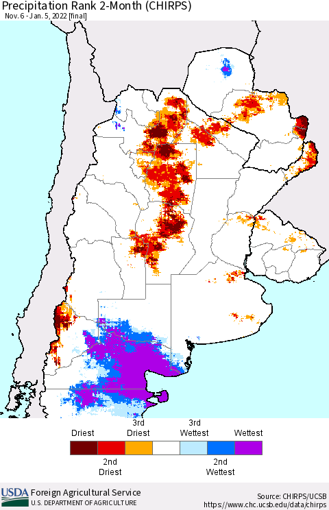 Southern South America Precipitation Rank 2-Month (CHIRPS) Thematic Map For 11/6/2021 - 1/5/2022