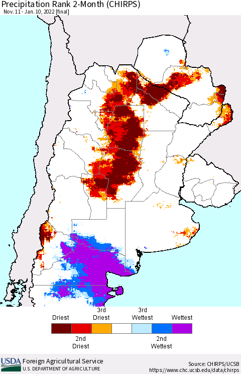 Southern South America Precipitation Rank 2-Month (CHIRPS) Thematic Map For 11/11/2021 - 1/10/2022