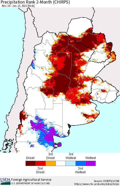 Southern South America Precipitation Rank 2-Month (CHIRPS) Thematic Map For 11/16/2021 - 1/15/2022