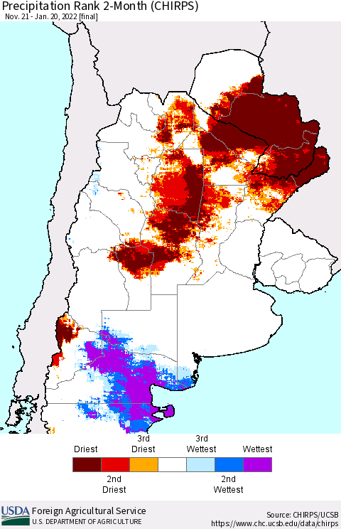 Southern South America Precipitation Rank since 1981, 2-Month (CHIRPS) Thematic Map For 11/21/2021 - 1/20/2022
