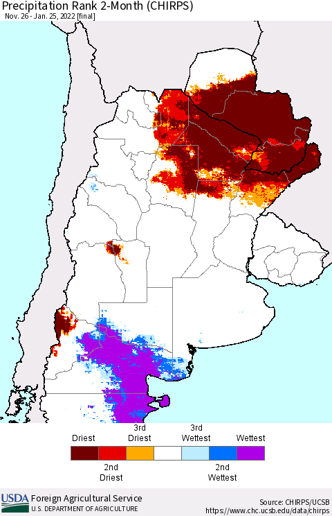 Southern South America Precipitation Rank 2-Month (CHIRPS) Thematic Map For 11/26/2021 - 1/25/2022