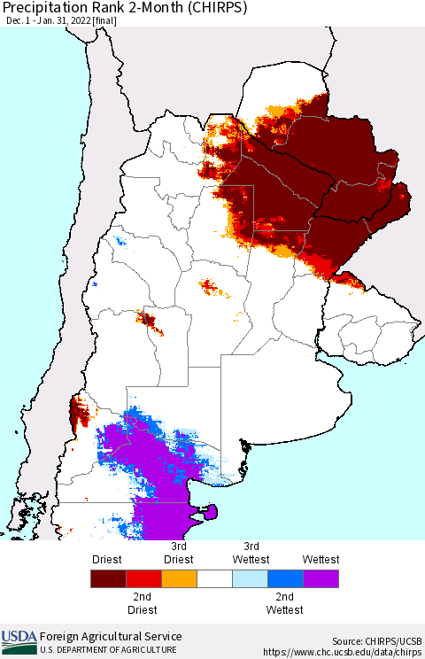 Southern South America Precipitation Rank 2-Month (CHIRPS) Thematic Map For 12/1/2021 - 1/31/2022