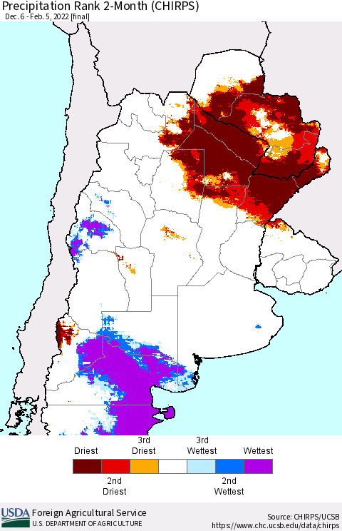 Southern South America Precipitation Rank since 1981, 2-Month (CHIRPS) Thematic Map For 12/6/2021 - 2/5/2022