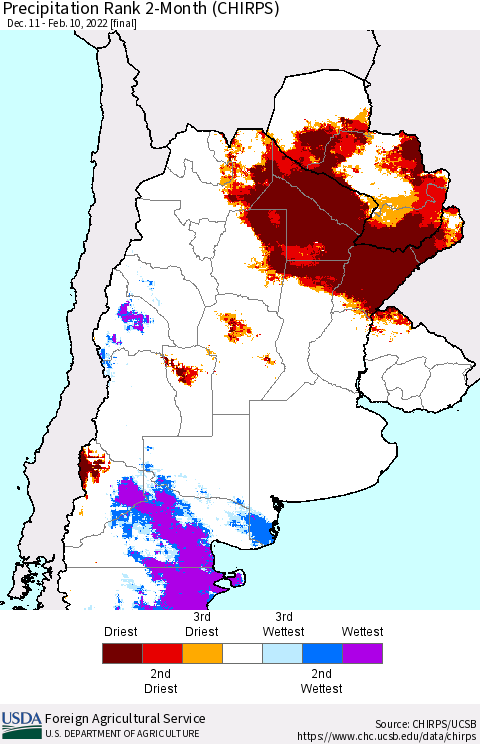 Southern South America Precipitation Rank 2-Month (CHIRPS) Thematic Map For 12/11/2021 - 2/10/2022