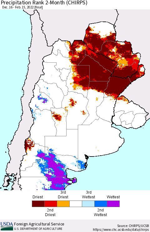 Southern South America Precipitation Rank 2-Month (CHIRPS) Thematic Map For 12/16/2021 - 2/15/2022