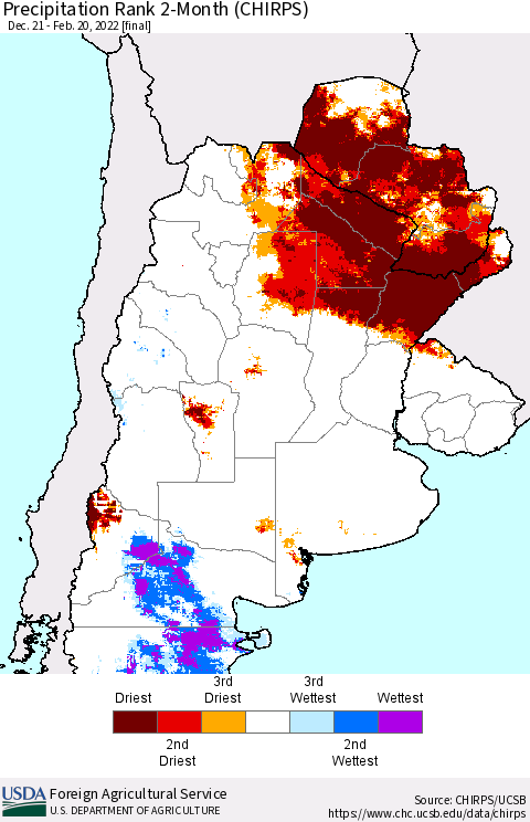 Southern South America Precipitation Rank 2-Month (CHIRPS) Thematic Map For 12/21/2021 - 2/20/2022