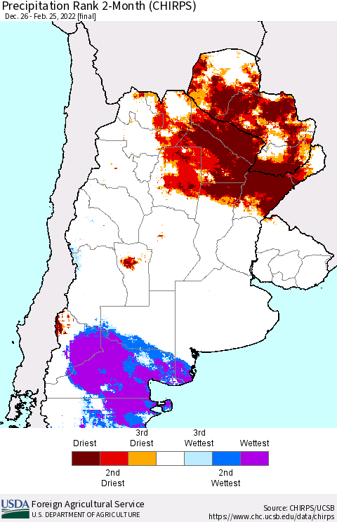 Southern South America Precipitation Rank 2-Month (CHIRPS) Thematic Map For 12/26/2021 - 2/25/2022