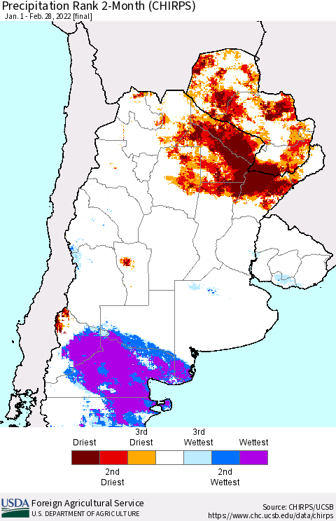 Southern South America Precipitation Rank 2-Month (CHIRPS) Thematic Map For 1/1/2022 - 2/28/2022