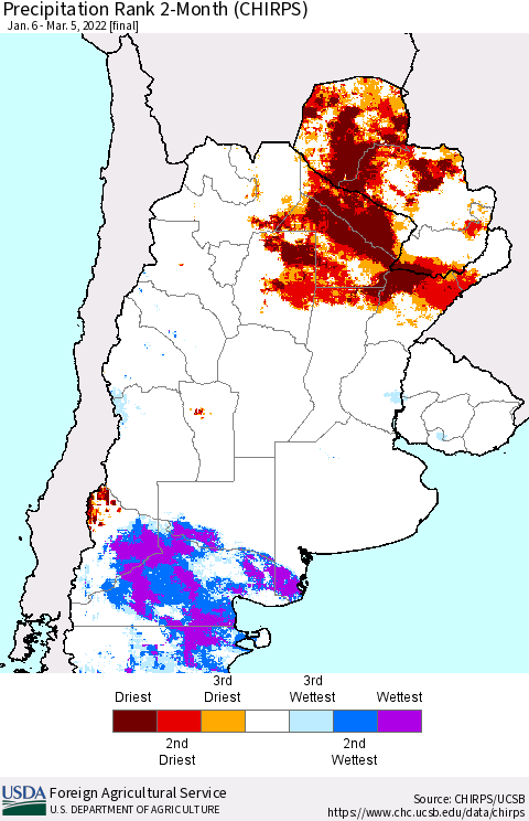 Southern South America Precipitation Rank 2-Month (CHIRPS) Thematic Map For 1/6/2022 - 3/5/2022