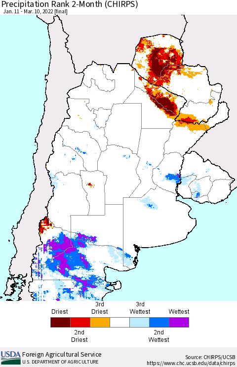 Southern South America Precipitation Rank 2-Month (CHIRPS) Thematic Map For 1/11/2022 - 3/10/2022