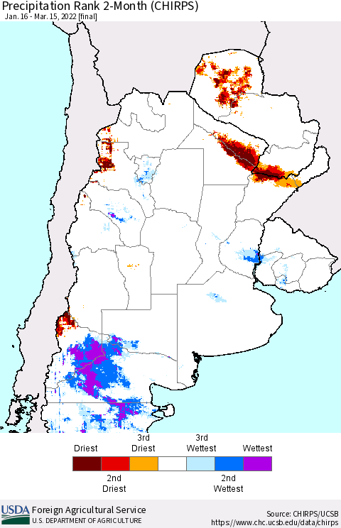 Southern South America Precipitation Rank 2-Month (CHIRPS) Thematic Map For 1/16/2022 - 3/15/2022