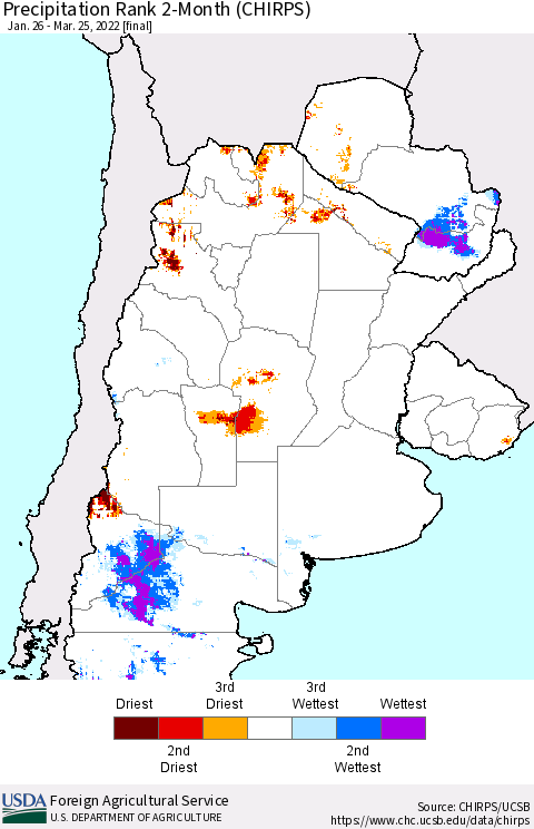 Southern South America Precipitation Rank since 1981, 2-Month (CHIRPS) Thematic Map For 1/26/2022 - 3/25/2022