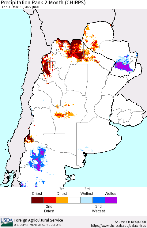 Southern South America Precipitation Rank 2-Month (CHIRPS) Thematic Map For 2/1/2022 - 3/31/2022