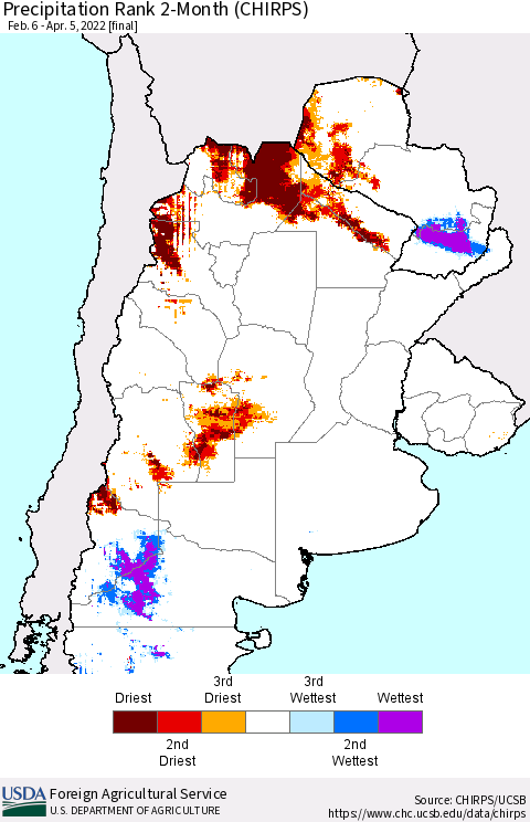 Southern South America Precipitation Rank since 1981, 2-Month (CHIRPS) Thematic Map For 2/6/2022 - 4/5/2022