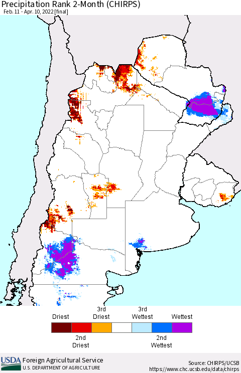 Southern South America Precipitation Rank 2-Month (CHIRPS) Thematic Map For 2/11/2022 - 4/10/2022