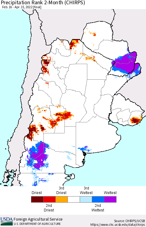 Southern South America Precipitation Rank 2-Month (CHIRPS) Thematic Map For 2/16/2022 - 4/15/2022
