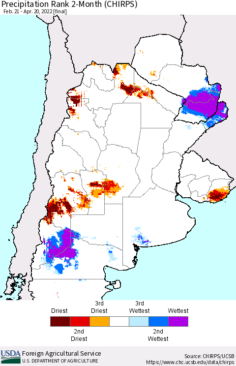 Southern South America Precipitation Rank 2-Month (CHIRPS) Thematic Map For 2/21/2022 - 4/20/2022