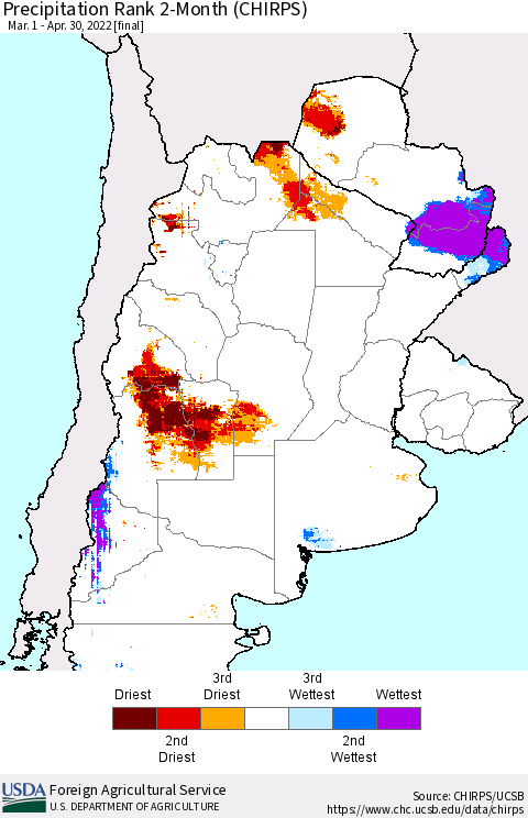 Southern South America Precipitation Rank since 1981, 2-Month (CHIRPS) Thematic Map For 3/1/2022 - 4/30/2022