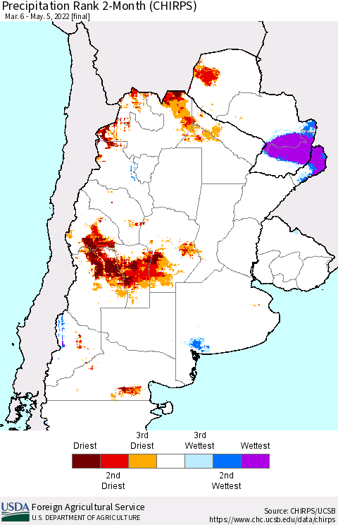 Southern South America Precipitation Rank 2-Month (CHIRPS) Thematic Map For 3/6/2022 - 5/5/2022