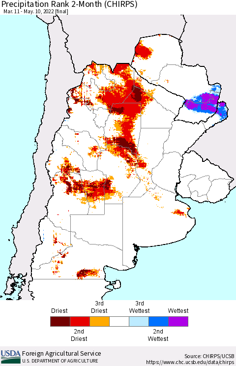Southern South America Precipitation Rank since 1981, 2-Month (CHIRPS) Thematic Map For 3/11/2022 - 5/10/2022