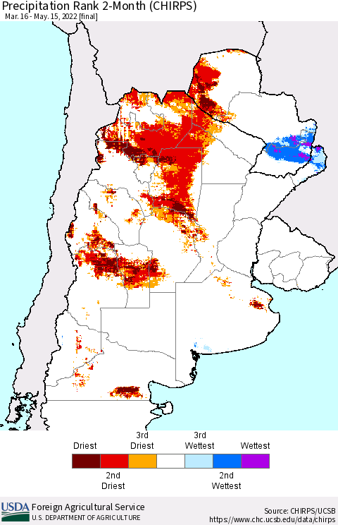 Southern South America Precipitation Rank 2-Month (CHIRPS) Thematic Map For 3/16/2022 - 5/15/2022