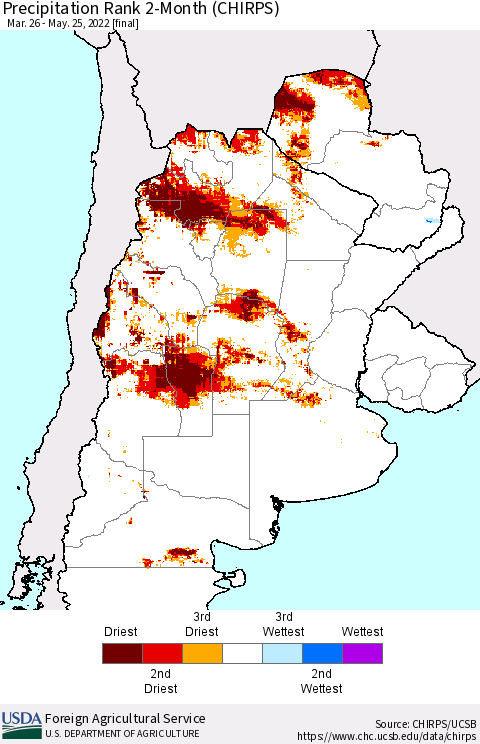 Southern South America Precipitation Rank 2-Month (CHIRPS) Thematic Map For 3/26/2022 - 5/25/2022