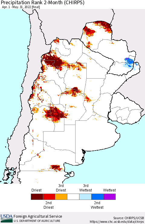 Southern South America Precipitation Rank 2-Month (CHIRPS) Thematic Map For 4/1/2022 - 5/31/2022