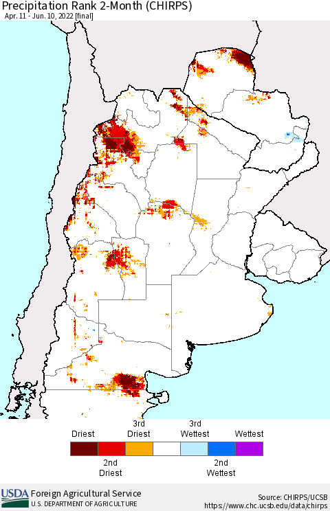 Southern South America Precipitation Rank 2-Month (CHIRPS) Thematic Map For 4/11/2022 - 6/10/2022